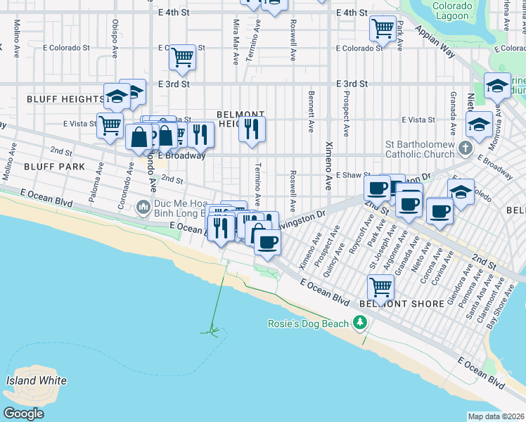 map of restaurants, bars, coffee shops, grocery stores, and more near 116 Termino Avenue in Long Beach