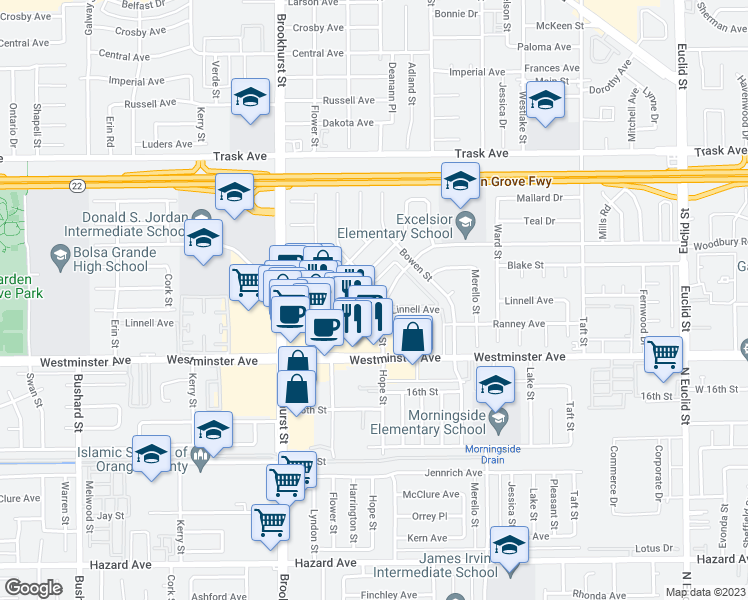 map of restaurants, bars, coffee shops, grocery stores, and more near 10211 Woodbury Road in Garden Grove