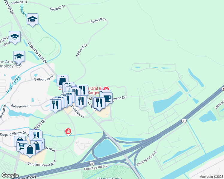 map of restaurants, bars, coffee shops, grocery stores, and more near 113 Breakers Drive in Myrtle Beach