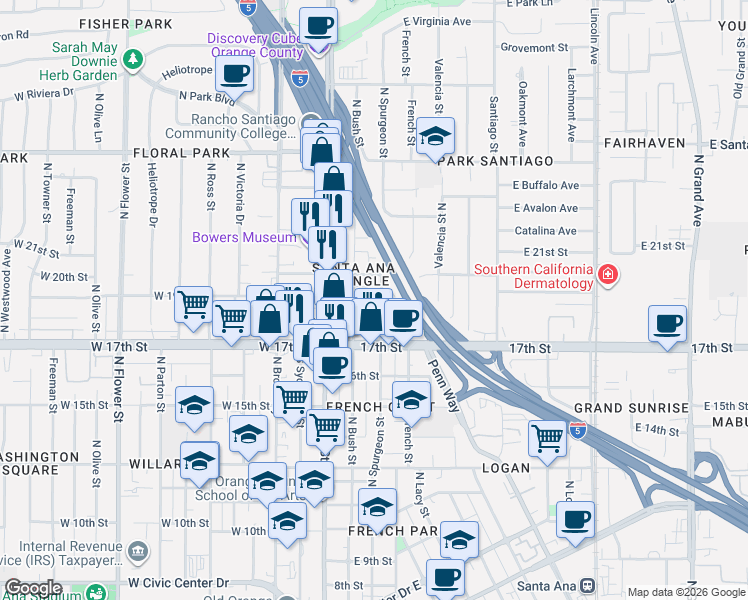 map of restaurants, bars, coffee shops, grocery stores, and more near 1814 North Spurgeon Street in Santa Ana
