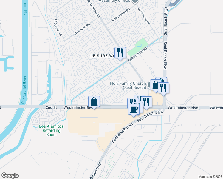 map of restaurants, bars, coffee shops, grocery stores, and more near 1443 Merion Way in Seal Beach