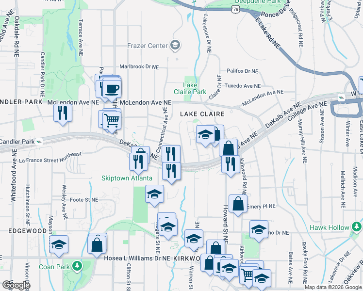 map of restaurants, bars, coffee shops, grocery stores, and more near 1899 New York Avenue Northeast in Atlanta