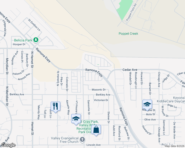 map of restaurants, bars, coffee shops, grocery stores, and more near 880 North Lake Street in Hemet