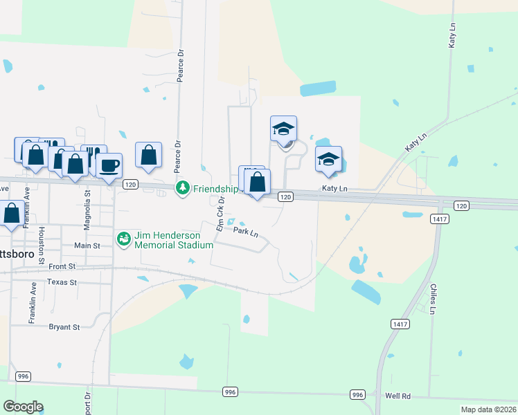 map of restaurants, bars, coffee shops, grocery stores, and more near 702 Farm to Market 120 in Pottsboro