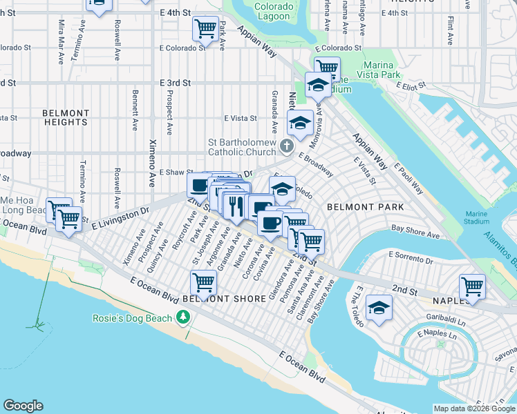 map of restaurants, bars, coffee shops, grocery stores, and more near 222 Argonne Avenue in Long Beach