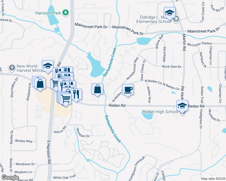 map of restaurants, bars, coffee shops, grocery stores, and more near 1120 Nimblewood Way in Stone Mountain