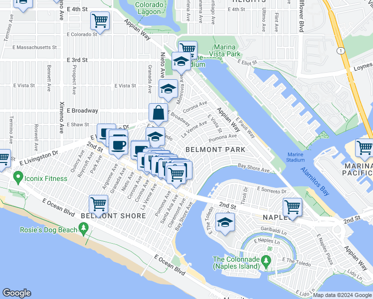 map of restaurants, bars, coffee shops, grocery stores, and more near 5301 East The Toledo in Long Beach