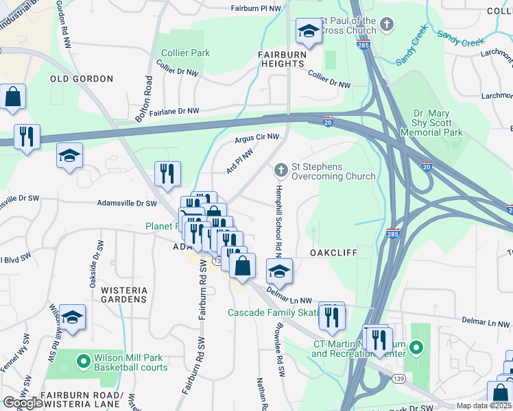 map of restaurants, bars, coffee shops, grocery stores, and more near 3490 Thompson Drive Northwest in Atlanta