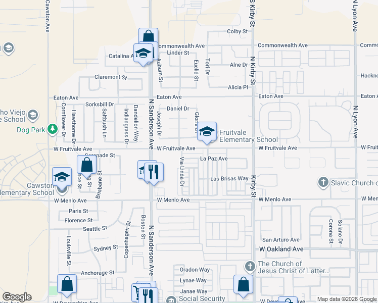 map of restaurants, bars, coffee shops, grocery stores, and more near 3019 West Fruitvale Avenue in Hemet