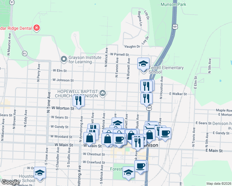 map of restaurants, bars, coffee shops, grocery stores, and more near 501 West Walker Street in Denison