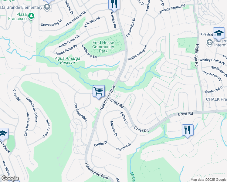 map of restaurants, bars, coffee shops, grocery stores, and more near 33 Pepper Tree Lane in Rolling Hills Estates