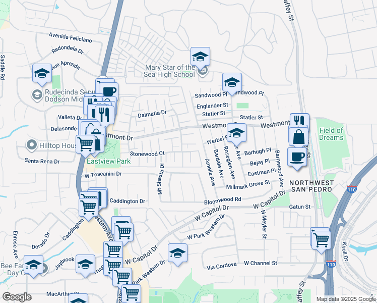 map of restaurants, bars, coffee shops, grocery stores, and more near 1241 Stonewood Court in Los Angeles