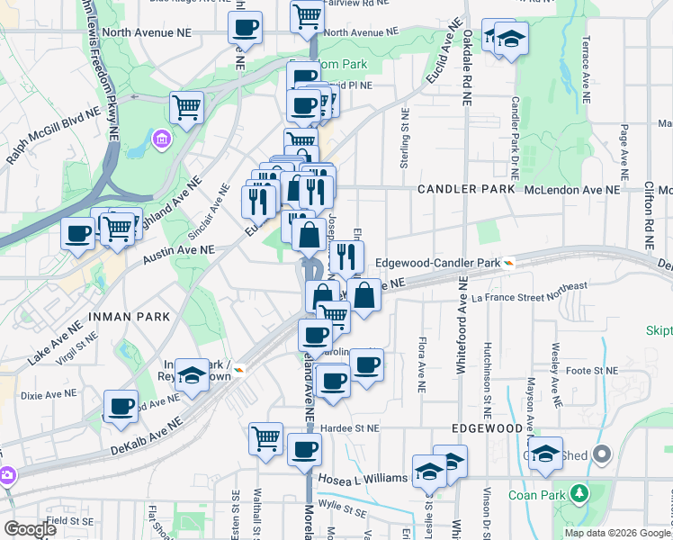 map of restaurants, bars, coffee shops, grocery stores, and more near 269 Josephine Street Northeast in Atlanta
