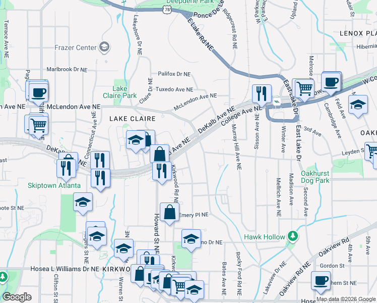 map of restaurants, bars, coffee shops, grocery stores, and more near 2038 DeKalb Avenue Northeast in Atlanta