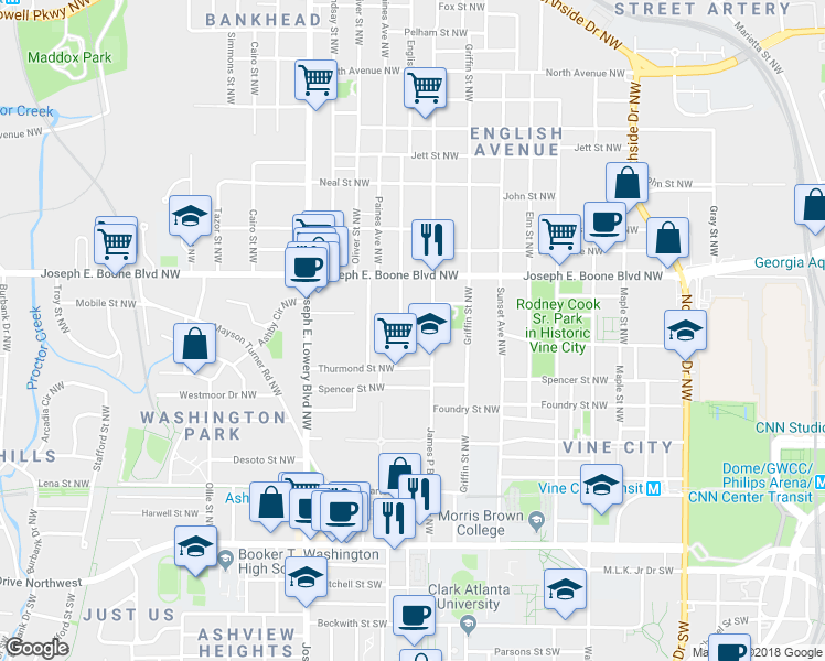 map of restaurants, bars, coffee shops, grocery stores, and more near 796 Pond Street Northwest in Atlanta