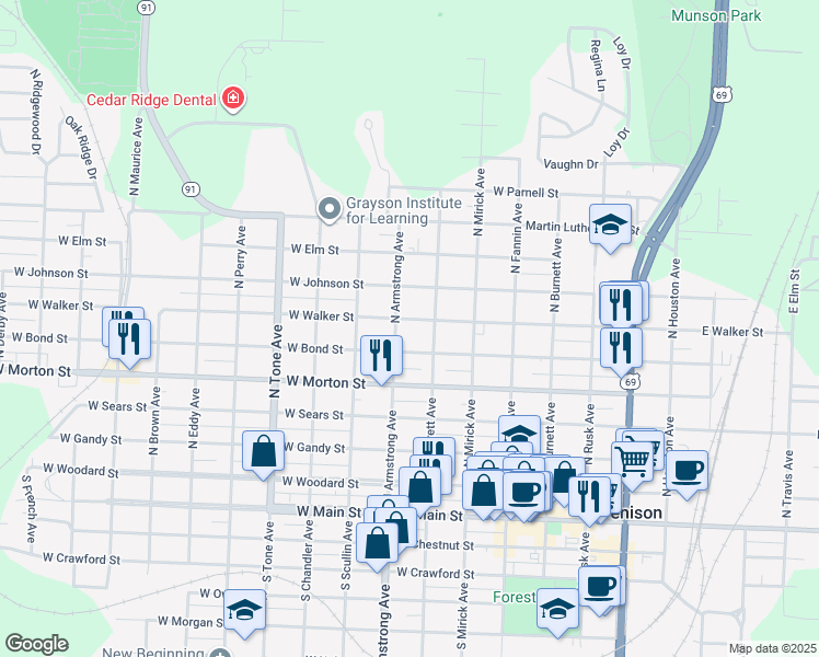 map of restaurants, bars, coffee shops, grocery stores, and more near 800 West Walker Street in Denison