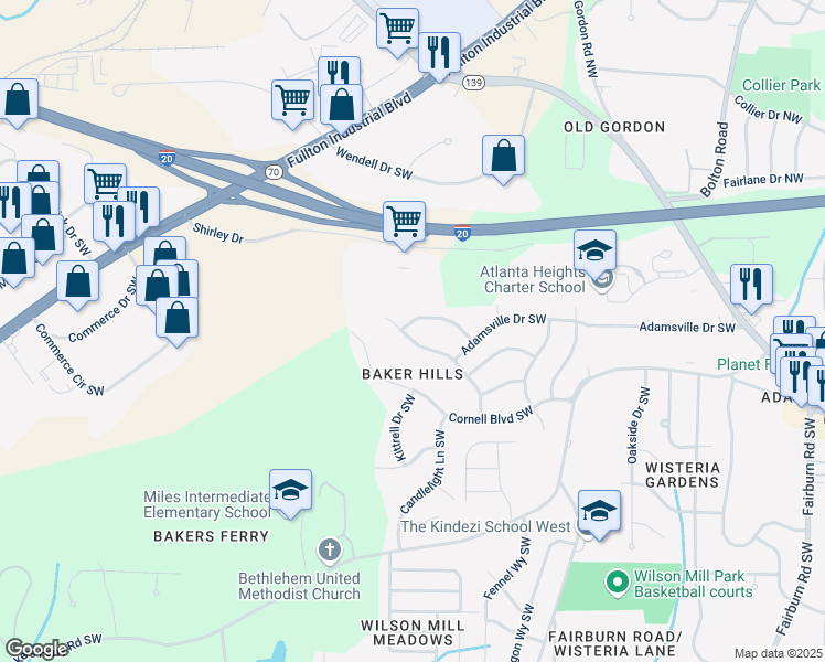 map of restaurants, bars, coffee shops, grocery stores, and more near 289 Whitworth Drive Southwest in Atlanta