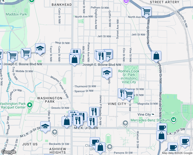 map of restaurants, bars, coffee shops, grocery stores, and more near 796 Pond Street Northwest in Atlanta