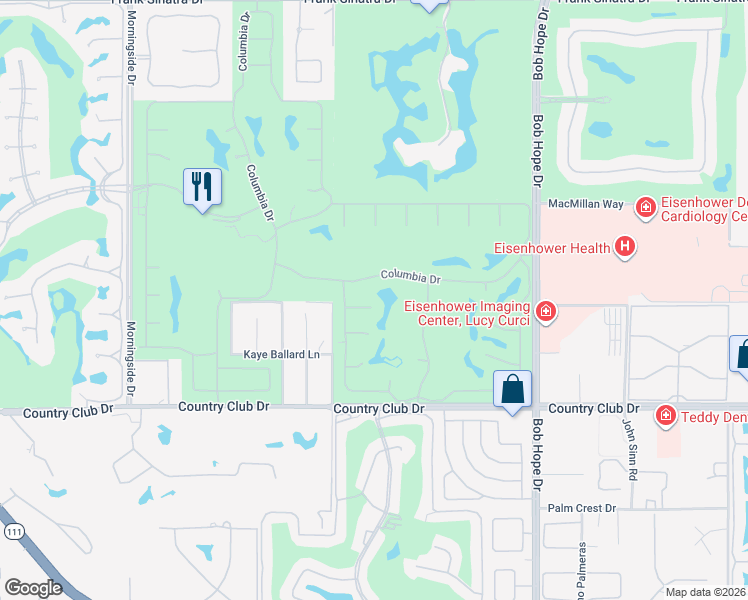 map of restaurants, bars, coffee shops, grocery stores, and more near 49 Columbia Drive in Rancho Mirage