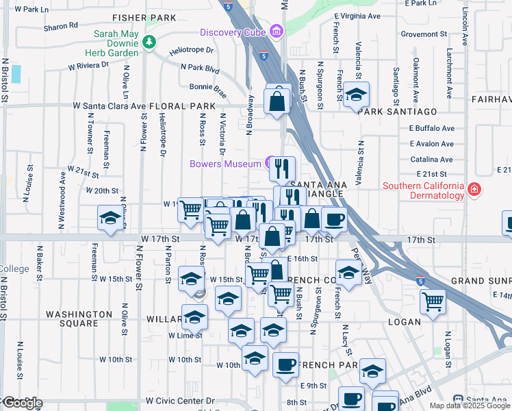 map of restaurants, bars, coffee shops, grocery stores, and more near 119 West 19th Street in Santa Ana