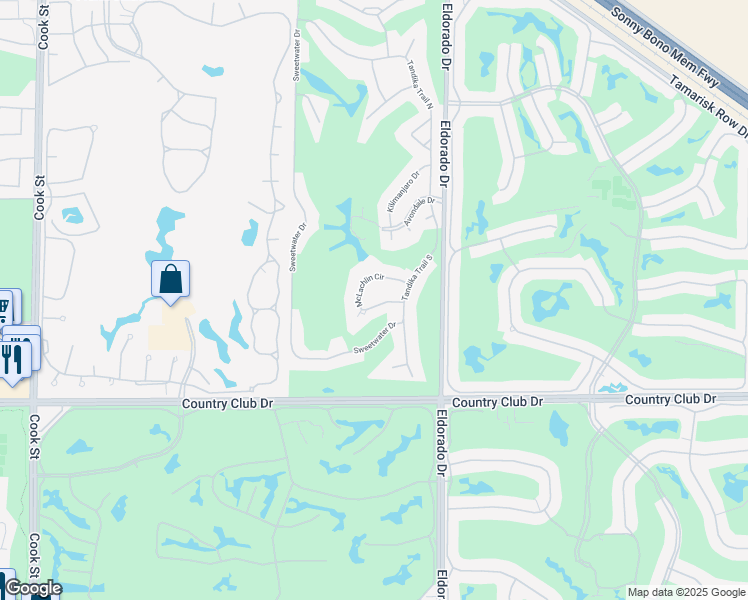 map of restaurants, bars, coffee shops, grocery stores, and more near 75651 McLachlin Circle in Palm Desert