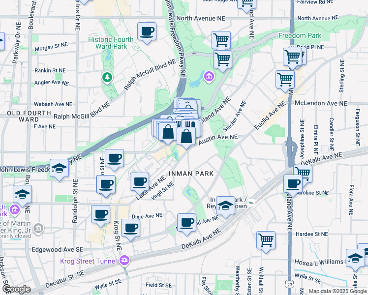 map of restaurants, bars, coffee shops, grocery stores, and more near 299 North Highland Avenue Northeast in Atlanta