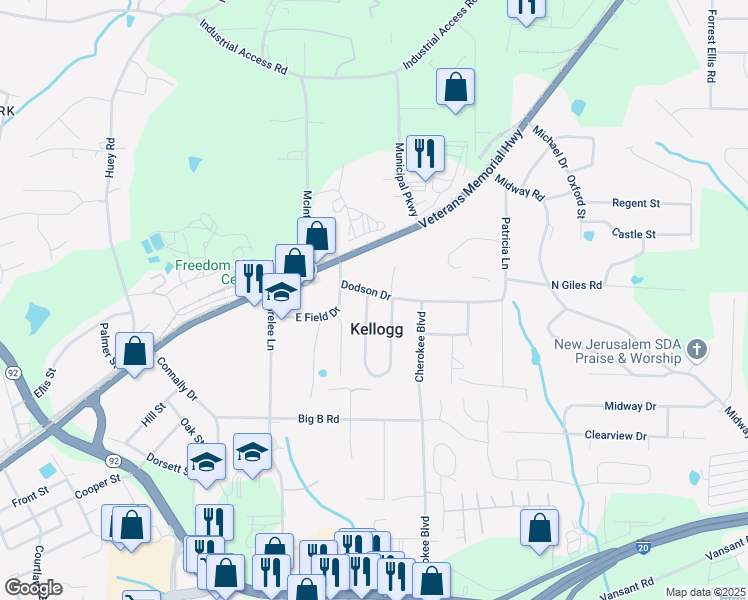 map of restaurants, bars, coffee shops, grocery stores, and more near 1616 West Kellogg Circle in Douglasville
