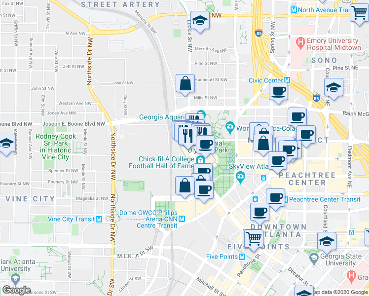 map of restaurants, bars, coffee shops, grocery stores, and more near 300 Marietta Street NorthWest in Atlanta