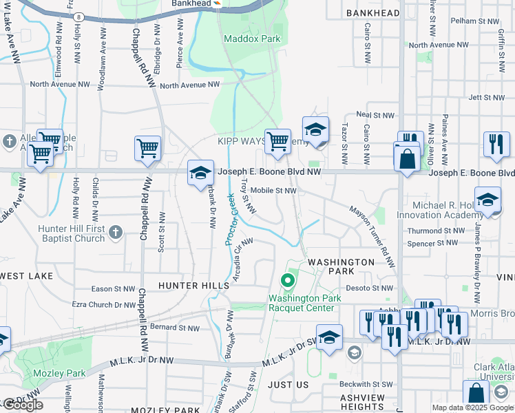 map of restaurants, bars, coffee shops, grocery stores, and more near 241 Troy Street Northwest in Atlanta