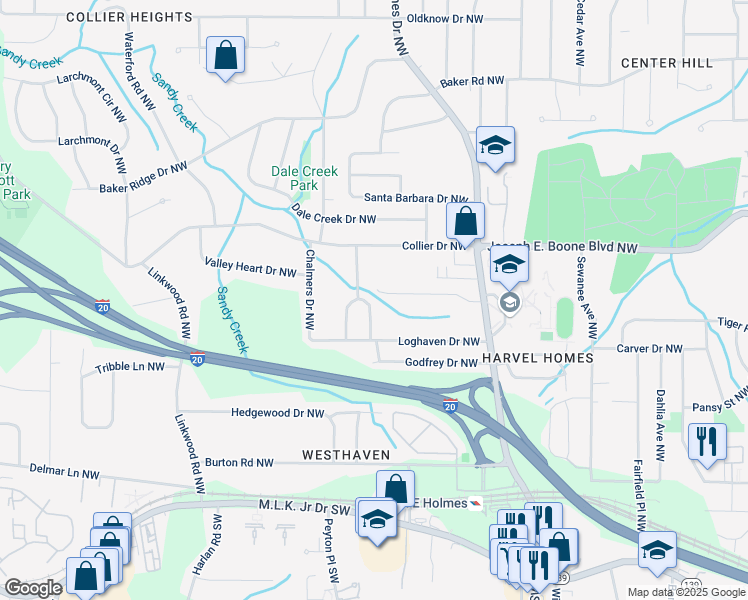 map of restaurants, bars, coffee shops, grocery stores, and more near 245 East Simon Terrace Northwest in Atlanta