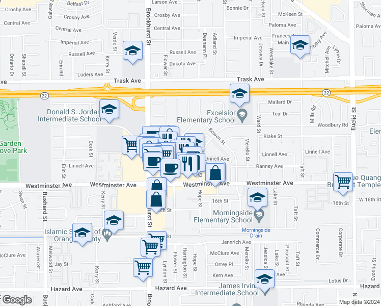 map of restaurants, bars, coffee shops, grocery stores, and more near 10221 Woodbury Road in Garden Grove