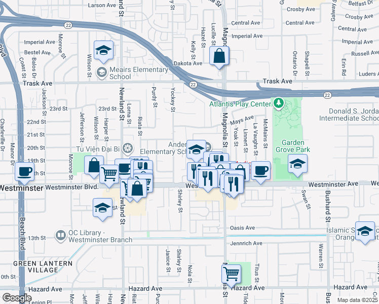 map of restaurants, bars, coffee shops, grocery stores, and more near 8855 Hewitt Place in Garden Grove
