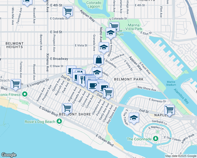 map of restaurants, bars, coffee shops, grocery stores, and more near 234 Nieto Avenue in Long Beach