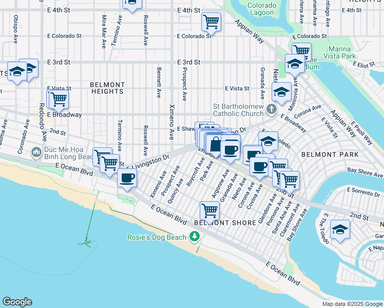 map of restaurants, bars, coffee shops, grocery stores, and more near 201 Quincy Avenue in Long Beach