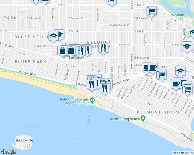 map of restaurants, bars, coffee shops, grocery stores, and more near in Long Beach