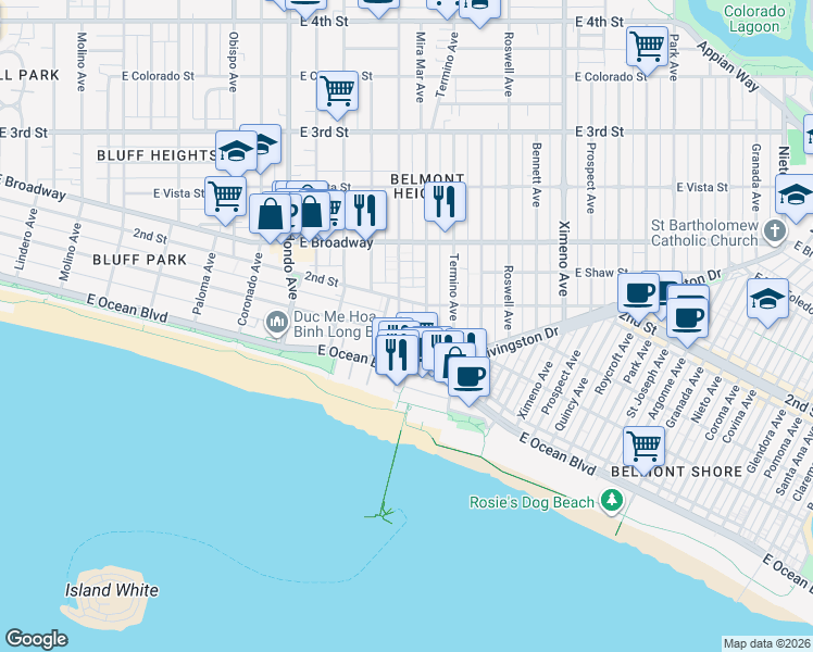 map of restaurants, bars, coffee shops, grocery stores, and more near in Long Beach