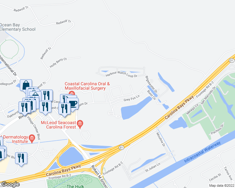 map of restaurants, bars, coffee shops, grocery stores, and more near 47 Hinson Drive in Myrtle Beach