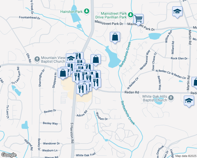 map of restaurants, bars, coffee shops, grocery stores, and more near 4962 Redan Road in Stone Mountain