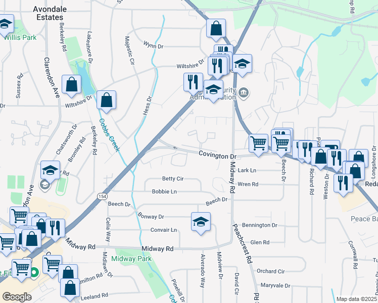 map of restaurants, bars, coffee shops, grocery stores, and more near 3278 Covington Drive in Decatur