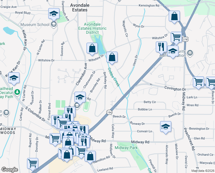 map of restaurants, bars, coffee shops, grocery stores, and more near 1130 Berkeley Road in Avondale Estates