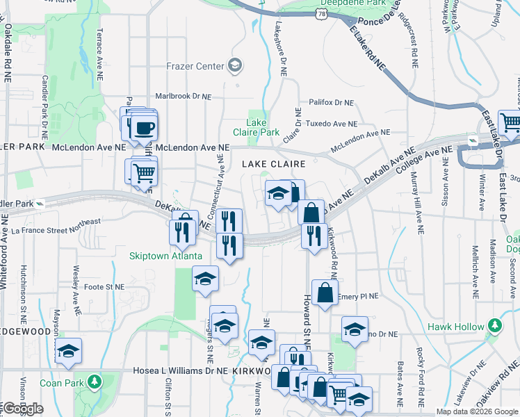 map of restaurants, bars, coffee shops, grocery stores, and more near 1867 Gordon Manor Northeast in Atlanta