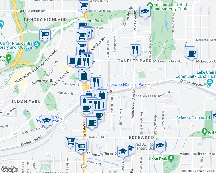 map of restaurants, bars, coffee shops, grocery stores, and more near 1300 DeKalb Avenue Northeast in Atlanta