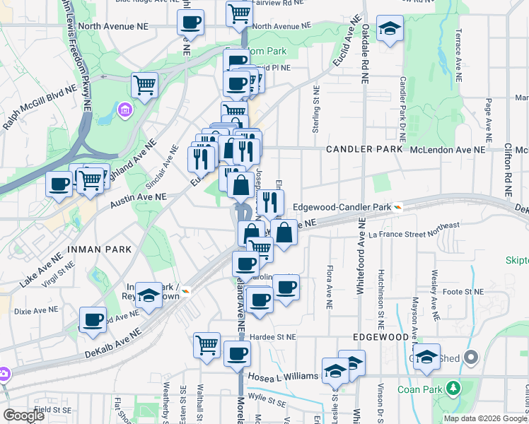 map of restaurants, bars, coffee shops, grocery stores, and more near 269 Josephine Street Northeast in Atlanta