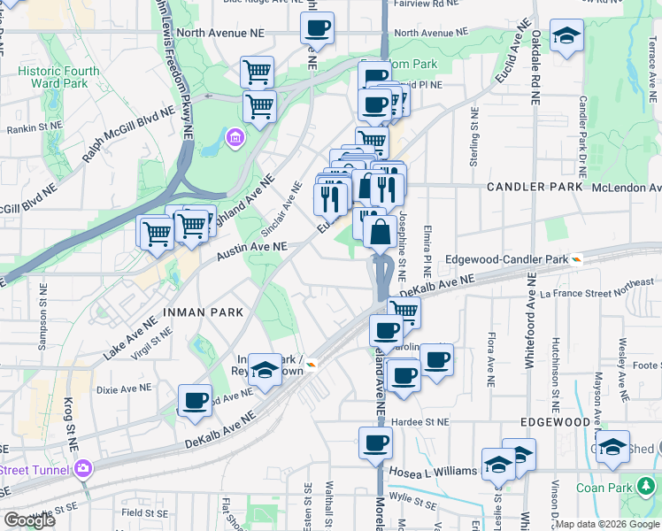 map of restaurants, bars, coffee shops, grocery stores, and more near 1107 Austin Avenue Northeast in Atlanta