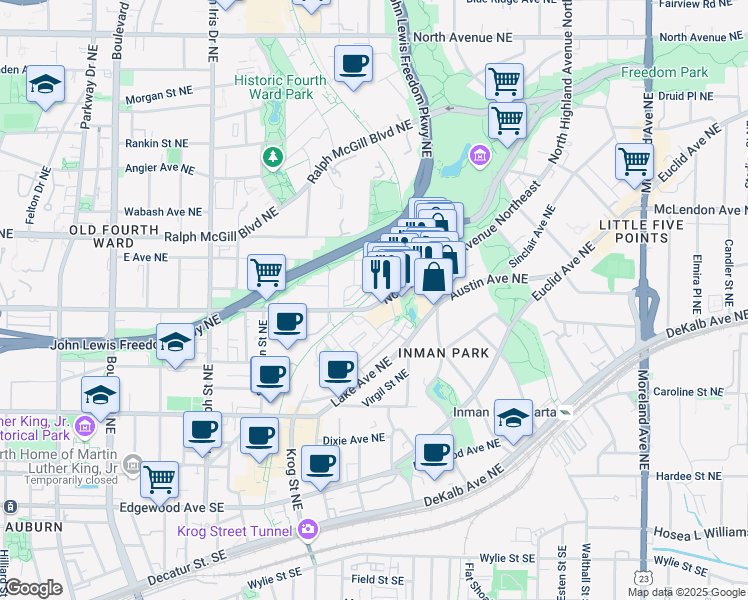 map of restaurants, bars, coffee shops, grocery stores, and more near 803 Corduroy Lane in Atlanta