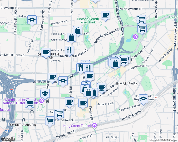 map of restaurants, bars, coffee shops, grocery stores, and more near 692 Highland Avenue Northeast in Atlanta