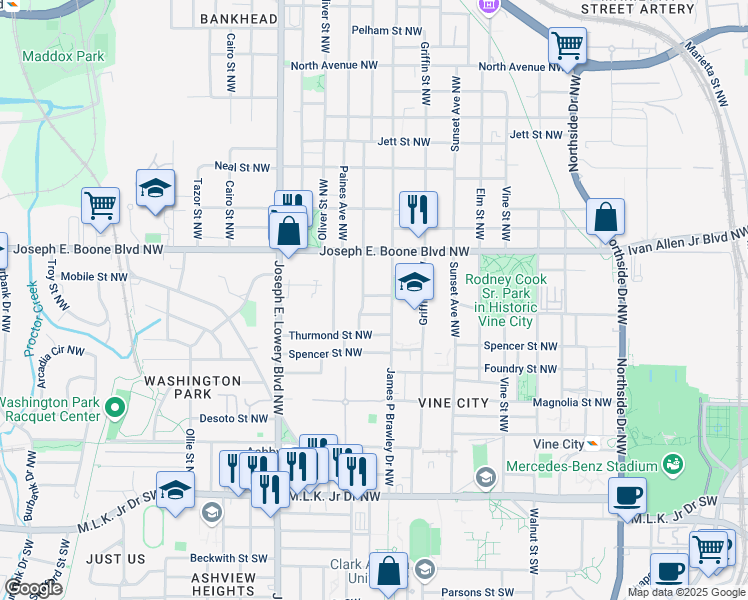 map of restaurants, bars, coffee shops, grocery stores, and more near 796 Pond Street Northwest in Atlanta