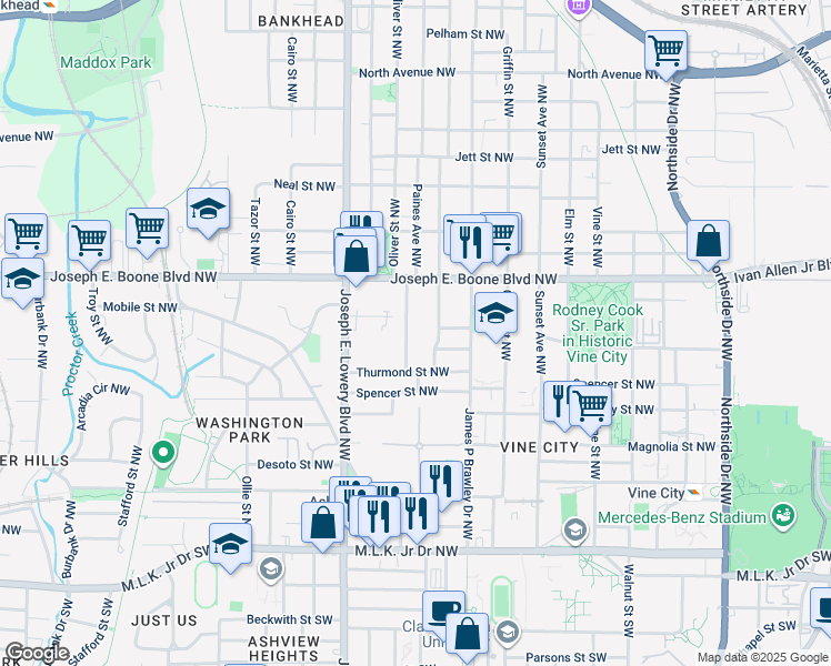 map of restaurants, bars, coffee shops, grocery stores, and more near 270 Sciple Terrace Northwest in Atlanta