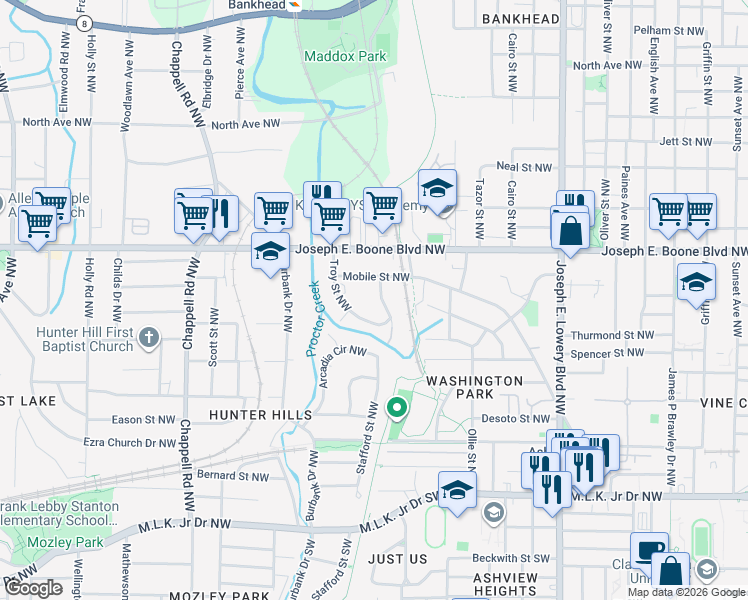 map of restaurants, bars, coffee shops, grocery stores, and more near 241 Troy Street Northwest in Atlanta