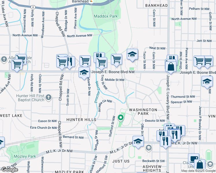map of restaurants, bars, coffee shops, grocery stores, and more near 241 Troy Street Northwest in Atlanta